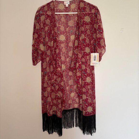 LULAROE NEW Monroe Women Small Tan Burgundy Fringe Wrap Open Front Kimono - Picture 1 of 6